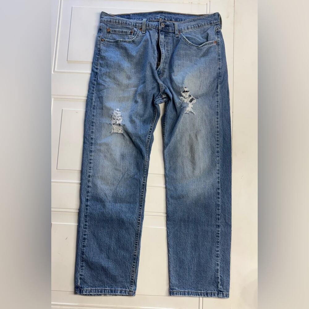 Levis 505 Mens Sz 36x30 Distressed Medium Wash Straight Regular Denim Jean